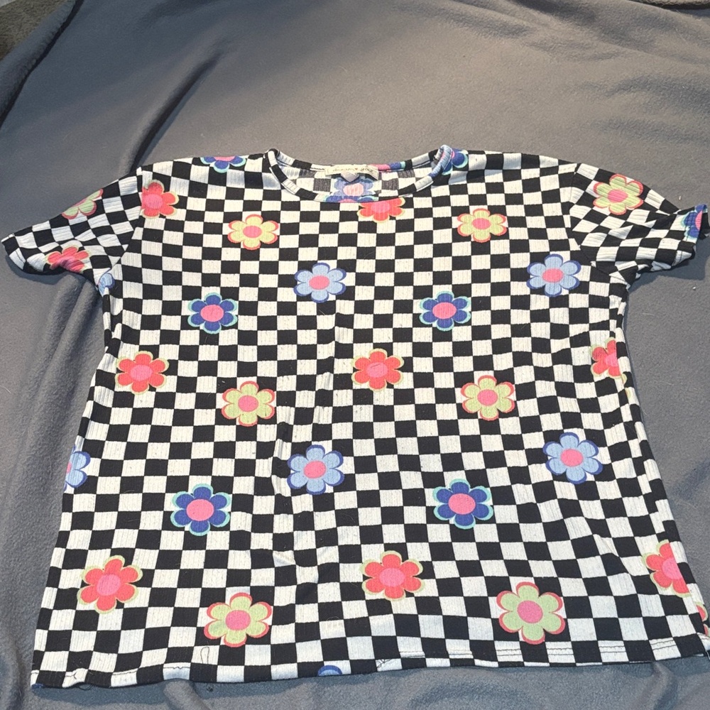 Dreamgirl Black and White Checkered Top with Floral Accents